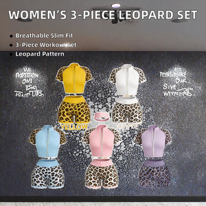 Ensemble de sport décontracté 3 pièces pour femme, imprimé léopard, respirant, avec veste zippée, short taille haute et bandeau, été, personnalisable, vente en gros - Product Image 2