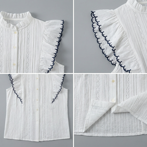 Chemisier Femme Personnalisé OEM en Popeline à Manches Volants, Col Montant, Boutons sur le Devant, Bordure en Dentelle, Tissu Léger et Élégant pour l'Été, Haut Décontracté - Product Image 3