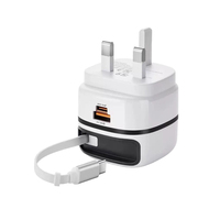 Adaptador de Cargador 3 en 1 con Enchufe de 3 Pines del Reino Unido, Cargador de Pared con Carga Rápida Tipo C de 65 W y Cable Retráctil para iPhone y Samsung
