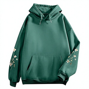 Botanical Solid Green Digital Printed 100% Cotton Fleece <b>Pullover</b> Hooded Sweatshirt with Long Sleeves and Casual Fashion Design - Product Image 2