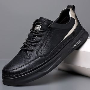 Baskets décontractées en cuir pour hommes, bout rond, à lacets, plateforme, semelle en caoutchouc, confortables, toutes saisons, chaussures épaisses, doublure en maille blanche - Product Image 2
