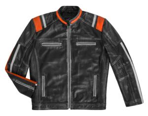 Chaqueta de Hombre Personalizada 100% Cuero Nappa Negro Vintage Genuino con Detalles de Correa Naranja, Acabado Suave, Cremallera YKK, Marca Privada - Product Image 1