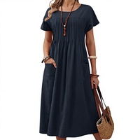 Robe décontractée pour femmes, couleur unie, manches courtes, col rond, design avec poche, tissu en coton, silhouette en A, coupe ample, ODM