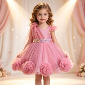 Abito da bambina all'ingrosso con maniche a volant, cintura con paillettes, palline 3D, volant sferici, abito da damigella d'onore, abito da principessa per bambine - Product Image 5