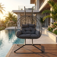 Fauteuil suspendu double en rotin tressé avec support et coussin, chaise longue balançoire pour jardin, terrasse et balcon