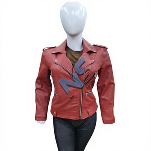 Red Genuine Leather Knitted Moto <b>Jacket</b> Women's Biker Style with Superman Logo Front Zipper Closure Autumn Wear - Product Image 1