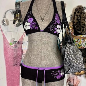 Ensemble <span class=keywords><strong>de</strong></span> bikini rétro pour femmes, imprimé floral flamant rose, haut triangle à bretelles avec shorty, <span class=keywords><strong>maillot</strong></span> <span class=keywords><strong>de</strong></span> <span class=keywords><strong>bain</strong></span> 2 pièces pour la plage en été - Product Image 1