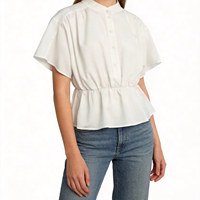 Blus Wanita Kerah Mandarin 100% KATUN Pinggang Elastis Lengan Mengembang Kancing Setengah Baju Putih Kasual Atasan Kantor