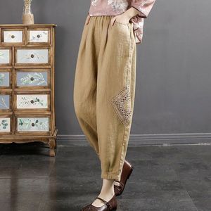 Cotton Linen Lantern Pants With Embroidered Pocket Loose Casual Summer Women's Cropped Pants Natural Hemp Khaki - Product Image 1