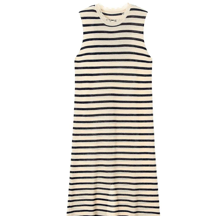 Woolen linen holiday style knee-length vest sleeveless thin striped dress for women in summer