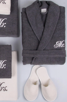 Gran oferta 100% Albornoz de rizo de algodón con toalla zapatilla blanco gris pareja mujeres y hombres batas con LOGOTIPO bordado personalizable