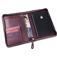Cremallera Padfolio B5 Carpeta de archivos Business Faux Leather Purple Portfolio Logotipo en relieve personalizado Bolsa de documentos de cuero con cuaderno
