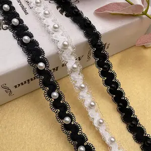 Accessori per l'abbigliamento bianco nero perlina Trim elastico Tulle tessuto da sposa cucito fatto a mano perline di pizzo perlato Trim