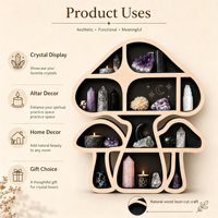 Étagère de présentation en bois découpé en forme de champignon à quatre niveaux, support de rangement pour pierres de cristal, décoration murale gothique sorcière pour la maison et le bureau, cadeau