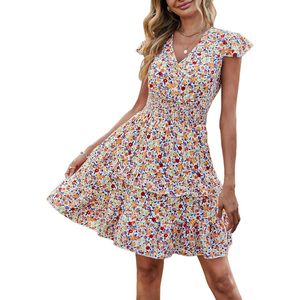 FOXA Robe d'été pour femme à imprimé floral, col en V, manches à volants, mini-robe superposée, taille élastique, robe décontractée coupe trapèze - Product Image 1