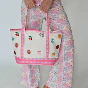 Bolso tote de playa con estampado de guinga, venta al por mayor, regalo para damas de honor, bolso de hombro, bolso tote de lona bordado estilo Ballpark - Product Image 2
