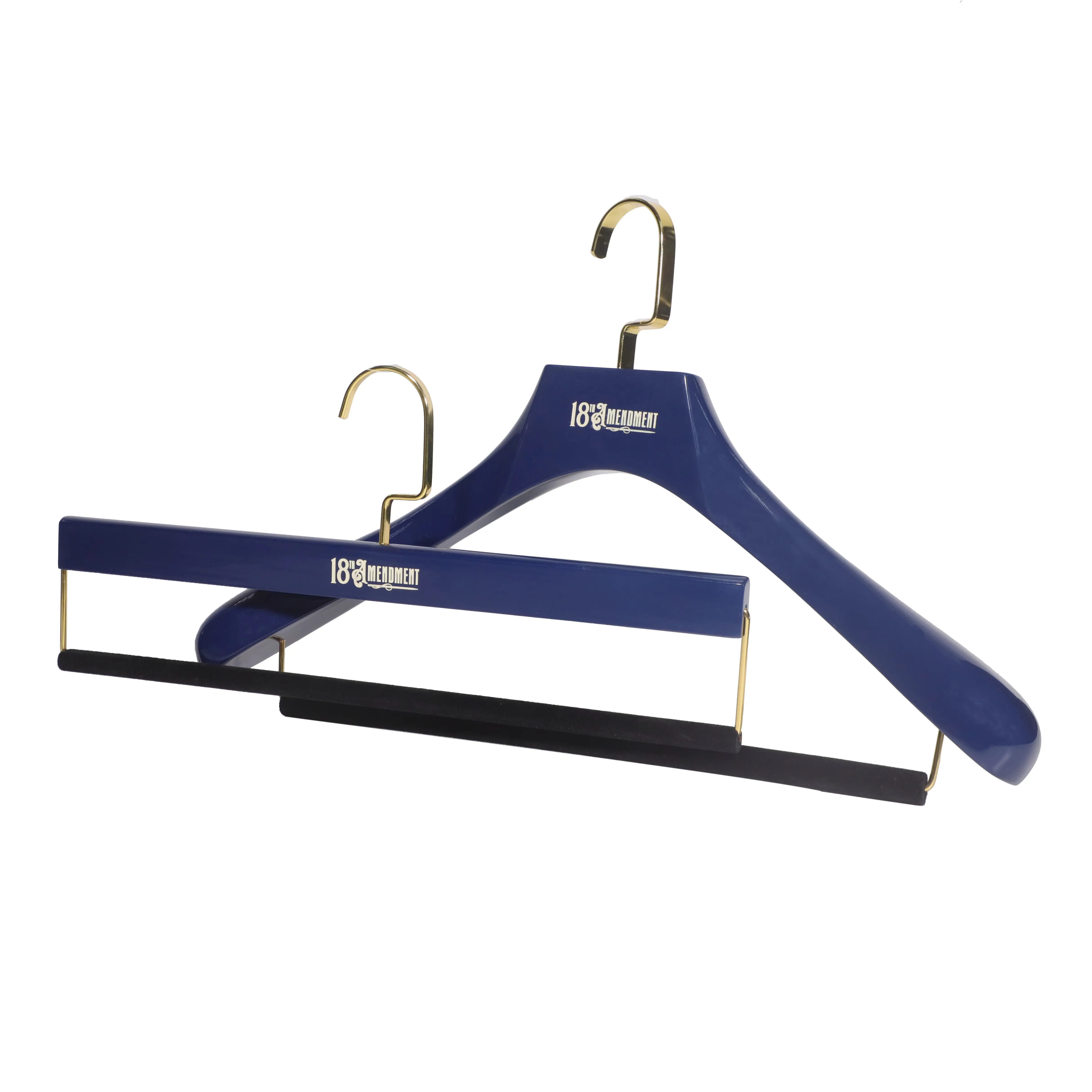 hot sale classical luxury bright blue wooden hanger for suits with anti-slips bar and strong square hook display in boutique