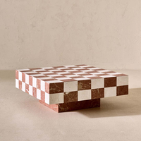 Table basse carrée en travertin de luxe et marbre naturel Rosso Levanto de haute qualité avec design en damier, style moderne