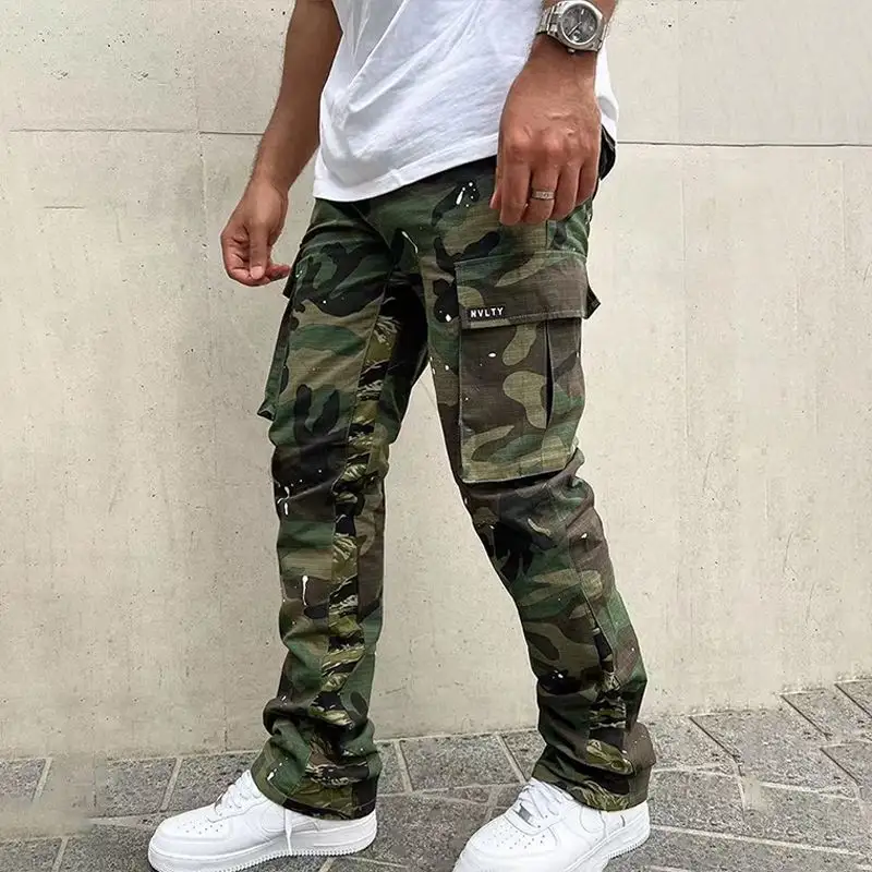 High Quality Patchwork Custom Logo Camouflage Twill Stacked Camo Cargo Flared Pants Men