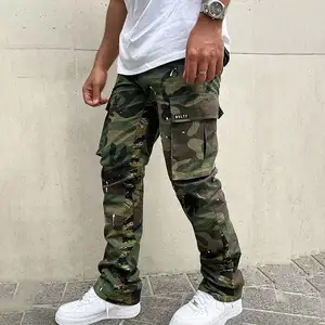 Hoge Kwaliteit Patchwork Custom Logo Camouflage Twill Gestapelde Camo Cargo Wijd Uitlopende Broek Mannen