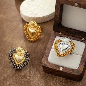 Thời Trang Thiên Chúa Giáo Chúa Giêsu Thánh Tâm Xung Quanh Hạt Quyến Rũ Ngón Tay Nhẫn Với 18K Mạ Vàng Tôn Giáo Đồ Trang Sức Nhẫn Cho Phụ Nữ - Product Image 2