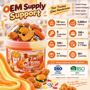 Tarro de Slime Temático de Hamburguesas, Pollo Frito y Mantequilla con Dijes de Comida, No Tóxico, Etiqueta Personalizada OEM, Venta al por Mayor de Fábrica, Suministro a Granel - Product Image 6