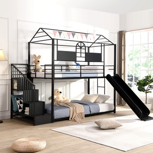 Camas Literas Metálicas Bajas, Dos Camas Individuales Superpuestas con Tobogán y Escalera de Almacenamiento, Diseño Moderno para Apartamentos, Hoteles y Dormitorios - Product Image 2