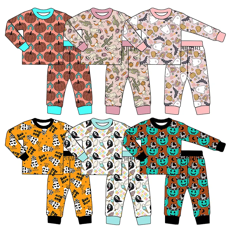 Set piyama motif Halloween anak-anak, setelan baju rumah anak-anak, set piyama motif Halloween, dua potong