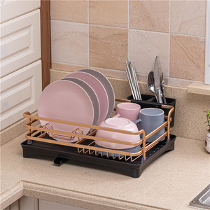 Aluminum Dish Drying Rack,Never Rust Sink Dish Drying Rack with Utensil Holder, Removable Plastic Drainer Tray with Adj