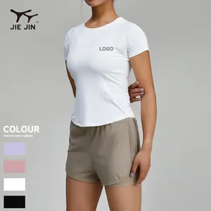 ملابس جيجين JIEJIN OEM&ODM للمرأة ملابس يوجا ضيقة على العضلات قابلة للتنفس للجري الصالة الرياضية لياقة بدنية تي شيرت قصير الأكمام