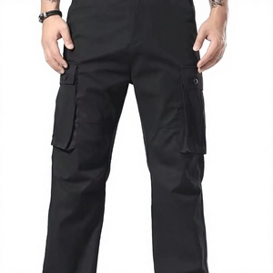 Pantalon cargo noir pour homme, taille plus, plusieurs poches, coupe régulière, taille mi-haute, en toile, pour l'automne - Product Image 4