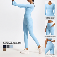 Ensemble de yoga 2 pièces uni pour femme : Haut à manches longues col rond et Legging taille haute avec poches latérales, effet push-up fessier et contrôle du ventre, pour la gym et le Pilates