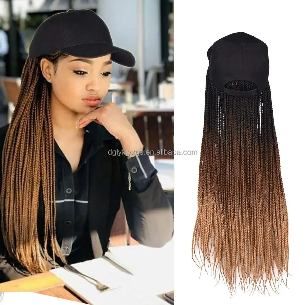Karbon Fiberng el örgü saç beyzbol peruk 24 inç degrade renk örgü büküm saç kadın peruk şapka saç ekleme destek uzun