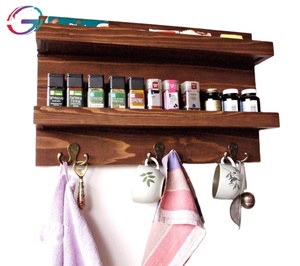 Étagère <span class=keywords><strong>murale</strong></span> flottante en bois à deux niveaux rustique avec crochets Support à épices de cuisine Caddy pour le stockage - Product Image 1