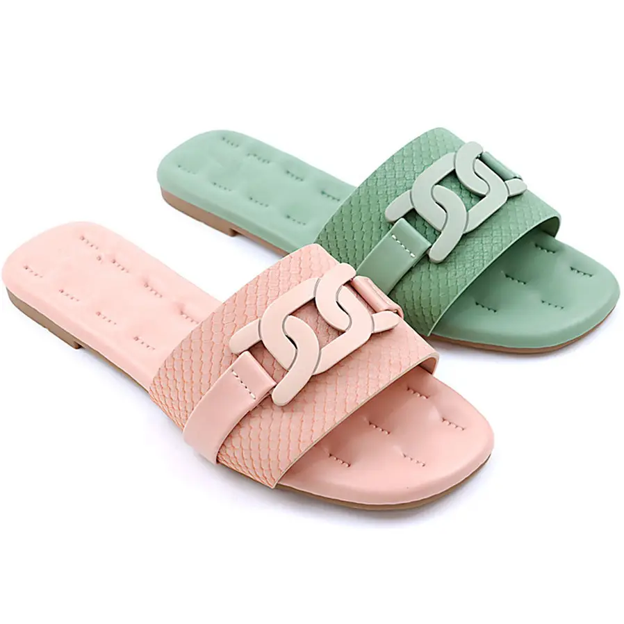 New Elegant Female Casual PU Leather Slipper Shoes Girl Square Toe Summer Chain Buckle Slides Flat Sandals For Women And Ladies