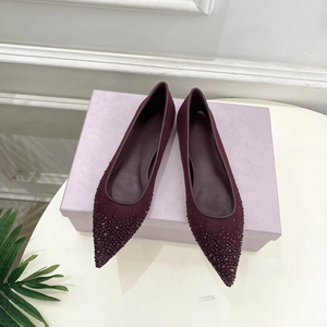 Jimmying High Quality Burgundy Crystal Embellished Pointed Toe <b>Flats</b> Suede Casual Party Dress Shoes For Women Chooing - Product Image 1