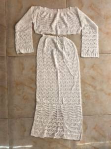Conjunto de Dos Piezas de Punto Liso para Mujer, Top de Manga Larga con Hombros Descubiertos y Falda, Ropa de Playa, Traje de Baño, Tallas S-L - Product Image 2