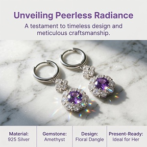 Boucles d'oreilles pendantes en argent sterling S925 avec améthyste naturelle, motif floral, pierre précieuse violette, cadeau de bijoux pierre de naissance de février - Product Image 5