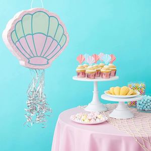 Decoraciones de cumpleaños de sirena con cuerda para tirar, piñata de concha marina de papel para niñas - Product Image 4
