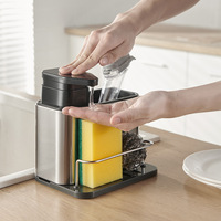 Distributeur de savon 3 en 1 en acier inoxydable, multifonctions, caddie de rangement de cuisine, nettoyeur métallique, dispensateur d'évier, brosse,