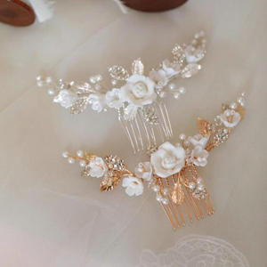 Fatto a mano in ceramica fiore con perline da sposa pettine in cristallo piccolo copricapo <span class=keywords><strong>per</strong></span> sposa damigella d'onore <span class=keywords><strong>accessori</strong></span> <span class=keywords><strong>per</strong></span> capelli da sposa - Product Image 3