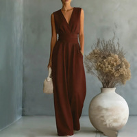 Nouvelle Collection Printemps-Été 2026 – Combinaison Élégante Sans Manches en Lin Tricoté, Taille Mi-Haute Cintrée, Col en V, Longueur Intégrale, Couleur Unie pour Femme