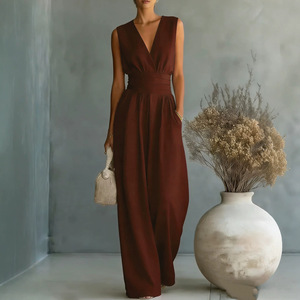 Nuova Collezione Primavera Estate 2026: Elegante <span class=keywords><strong>Tuta</strong></span> Intera da <span class=keywords><strong>Donna</strong></span> Senza Maniche con Scollo a V, Vita Stretta, Lunghezza Intera, Tinta Unita in Misto <span class=keywords><strong>Lino</strong></span> - Product Image 4