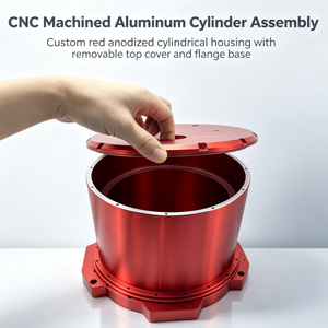 Carcasa cilíndrica de alta precisión, fresada por CNC, anodizada en rojo, con cubierta superior sellada y base de montaje con brida. - Product Image 1