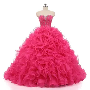 RUOLAI PEV-L3074 Nóng Màu Hồng Ngọt Ngào Ruffles Organza Váy Đầy Đủ Hạt Và Pha Lê Sáng Bóng Prom Ball Gown Quinceanera Ăn Mặc