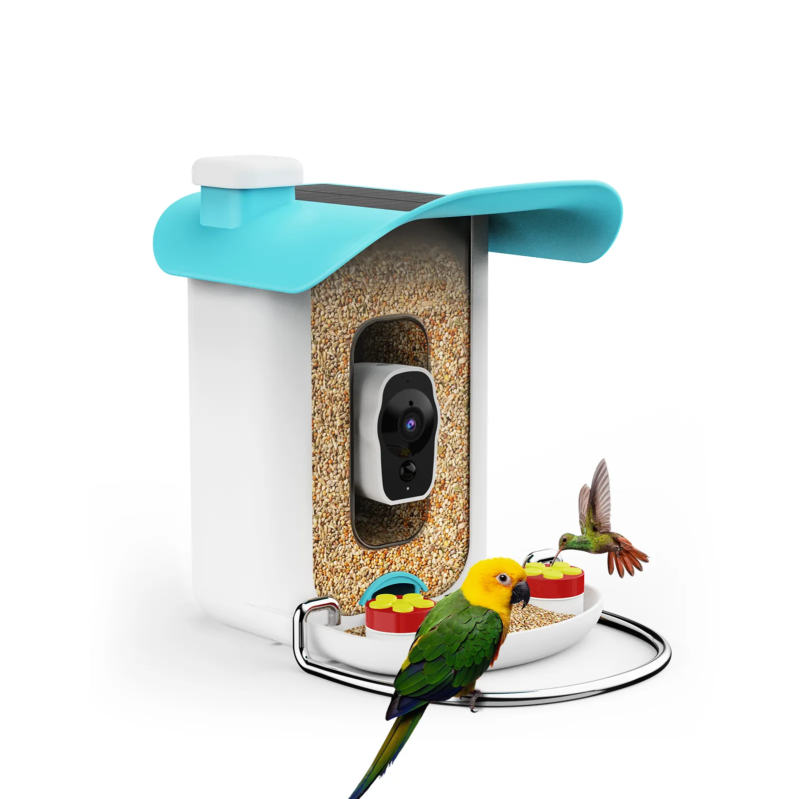Mangeoire à oiseaux intelligente avec caméra Connexion sans fil avec panneau solaire pour les fermes et la vente au détail avec AI gratuite identifie les espèces d'oiseaux