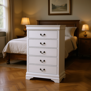 Cassettiera a 5 cassetti con finitura bianca, design tradizionale, maniglie a incasso, mobile da camera da letto in legno massello, autoportante - Product Image 2