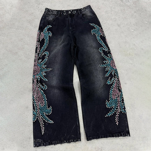 MZN Pantalon en denim unisexe surdimensionné vintage bleu délavé Hip Hop, jean évasé à jambe droite, fermeture à boutons, rivet en strass - Product Image 3