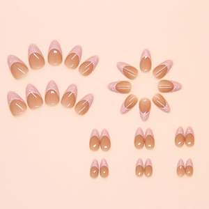 Prensa de almendras en las <span class=keywords><strong>uñas</strong></span>, Punta francesa Rosa corta, líneas estéreo, diseño de pegamento en la cubierta completa desnuda, acrílico Artificial brillante para niñas, 24 Uds. - Product Image 4