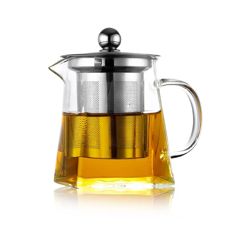 350ML/11.8OZ Heat Resistant Stainless Steel Infuser Square Glass Teapot for Tea and Coffee, Clear Leaf Tea Pots